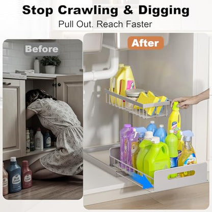 REALINN Under Sink Organizer, Pull Out Cabinet Organizer 2 Tier Slide Out Sink Shelf Cabinet Storage Shelves, Storage for Kitchen Bathroom, Grey, 2 Pack | For Kitchen and Bathroom, Slide Out Under Cabinet Storage, Metal Under Sink Storage with Sliding Dra