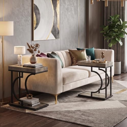 Tribesigns C Shaped Modern End Table for Coach with Metal Frame | Wood Grain, Small Side Table for Living Room, Nightstand for Bedroom, Gray&Black - color: Gray&black