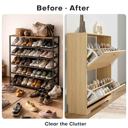 Nicetree Shoe Cabinet with 2 Flip Drawers, Narrow Shoe Organizer Cabinet, Freestanding Shoe Rack Cabinet, Modern Shoe Storage Cabinet for Entryway, Hallway, Foyer Natural Oak with Hook - color: Natural Oak, style: 2-Drawers with Hook