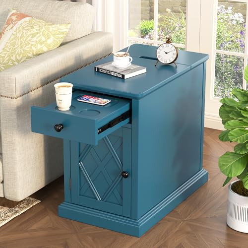 Multifunctional Classic Vintage End Table with USB Ports and 1 Drawer with Cup Holders, Sofa Side Narrow Table with Storage, Bedside Nightstand for Living Room Bedroom (Navy Blue-4.3) - color: Navy Blue-4.3