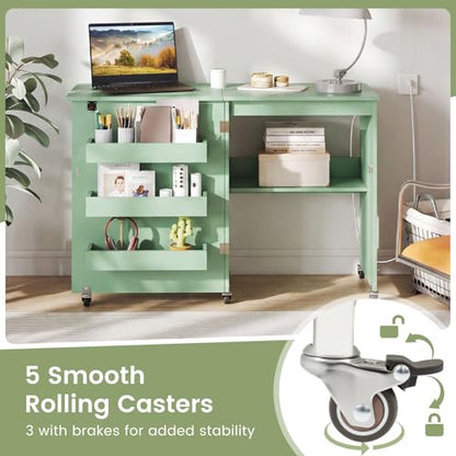 DREAMADE Folding Sewing Table with Storage, Craft Table w/Charging Station, 5 Lockable Wheels, Storage Bins & Shelf, Sewing Machine Desk for Home Office, Apartment, Studio (Green) - color: Green