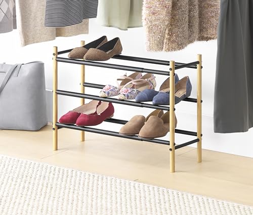 Whitmor 3-Tier Expandable Shoe Rack - Store up to 12 pairs of shoes - Bamboo & Matte Black - color: 3-tier,bamboo & Matte Black