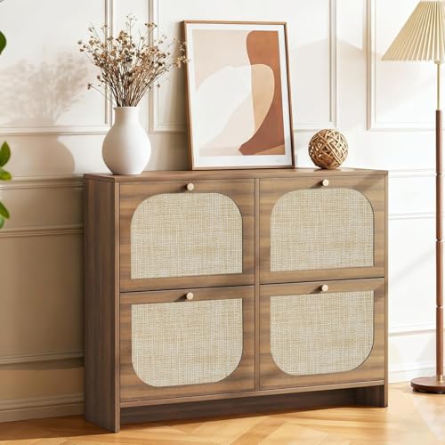 Nicetree Freestanding Ultra Slim Fluted Accent Shoe Storage Cabinet for Entryway - 4 Flip Drawers & 3-Tier Adjustable Shelves, Farmhouse Modern Rustic Shoe Rack for Hallway, Foyer, Living Room - color: Smoked Oak