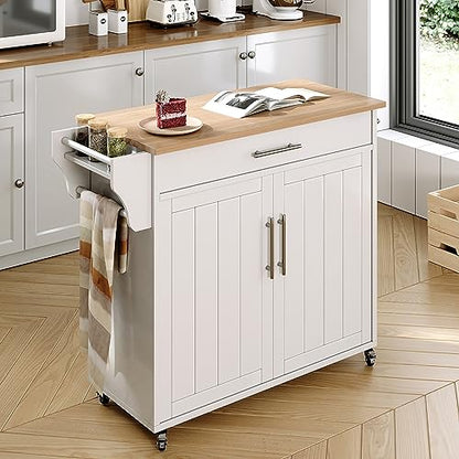 Kitchen Island with Storage, Wooden Rolling Kitchen Island On Wheels with Wood Top, Mobile Kitchen Bar Cart Cabinet with Towel Rack, Spice Rack and Drawers, White - color: White