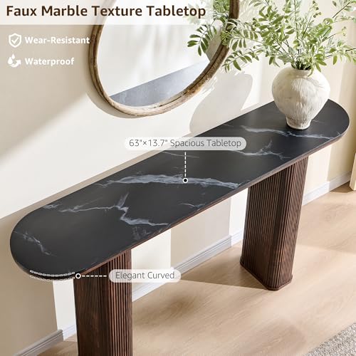 OKD 63" Modern Fluted Console Table, Narrow Entryway Table, Dark Walnut | Modern Fluted Wood Base, Curved Faux Marble-Texture Top, Entryway, Hallway, Foyer, Behind Sofa - color: Dark Walnut