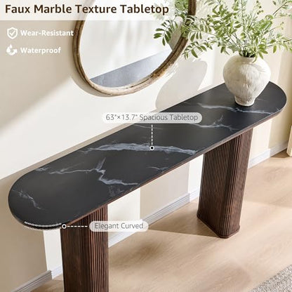 OKD 63" Modern Fluted Console Table, Narrow Entryway Table, Dark Walnut | Modern Fluted Wood Base, Curved Faux Marble-Texture Top, Entryway, Hallway, Foyer, Behind Sofa - color: Dark Walnut