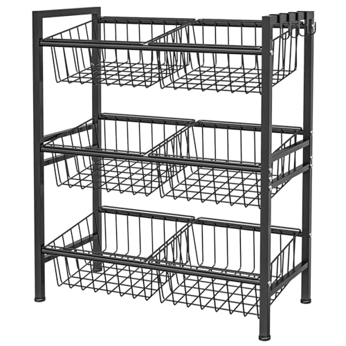 Hastatii Kitchen Storage Basket Shelf, Snack Basket Shelf, 3 Tier Fruit Vegetable Basket Stand, Metal Pantry Storage with 6 Stackable Wire Baskets, Black
