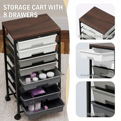 Rolling Cart with 8 Drawers, Storage Drawers Cart with Wooden Tabletop and Lockable Wheels, Craft Storage for Living Room, Office, Classroom, Craft Room, Bedroom (Gray) - color: Gray
