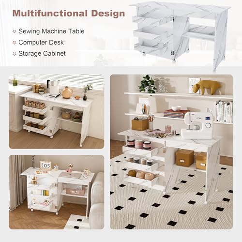 4-in-1 Folding Sewing Table with Storage (45 Inch) | Sewing Desk Foldable with Lockable Wheels & Power Socket, Sewings Machine Cabinet & Craft Desk with Shelves, Compact Design - color: White, size: 45 Inch