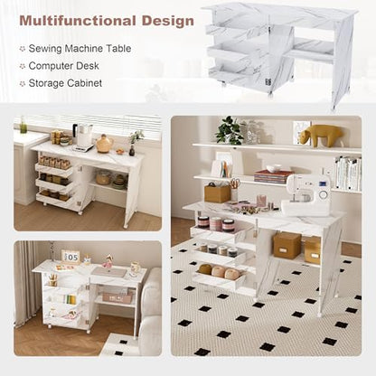 4-in-1 Folding Sewing Table with Storage (45 Inch) | Sewing Desk Foldable with Lockable Wheels & Power Socket, Sewings Machine Cabinet & Craft Desk with Shelves, Compact Design - color: White, size: 45 Inch
