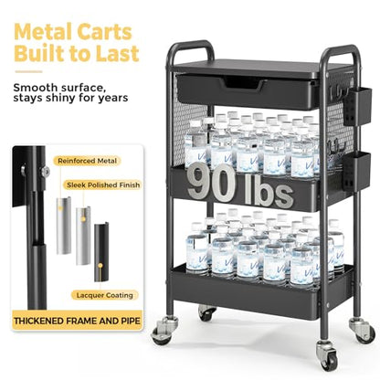 KINGBOARD 3 Tier Metal Rolling Cart with Drawer, Black Utility Storage Cart | 2 Cups & 4 Hooks, Lockable Wheels, Trolley Organizer for Bathroom, Kitchen, Office, Nursery, Dorm, Laundry, Craft Room