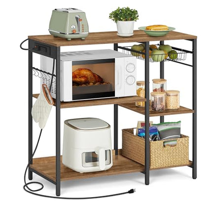 VASAGLE Baker's Rack, Coffee Bar Stand with Charging Station, 35.6 Inches Tall, Storage Shelves, Pull-Out Wire Basket, Table for Microwave, Kitchen, Honey Brown and Ink Black UKKS036K41 - color: Honey Brown + Ink Black, style: With Power Outlet
