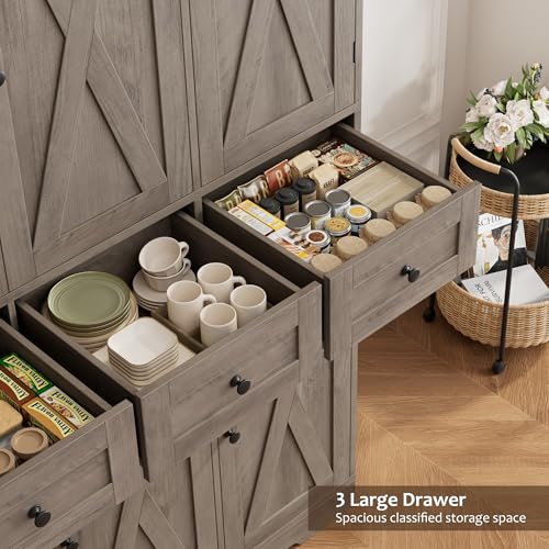 HOSTACK Farmhouse Kitchen Pantry Storage Cabinet with 3 Drawers, Ash Gray | 67"H Large Food Pantry Cabinet with Swing-Out Door Rack & Adjustable Shelf for Kitchen, Dining room, Living room - color: Ash Gray