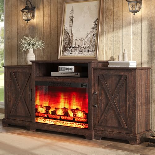 AMERLIFE 70" Farmhouse Fireplace TV Stand with Storage for TVs up to 80" | Entertainment Center with 29" Electric Fireplace, Media Console with 2 Cabinets & Adjustable Shelf, Rustic Brown - color: Rustic Brown, size: 70"