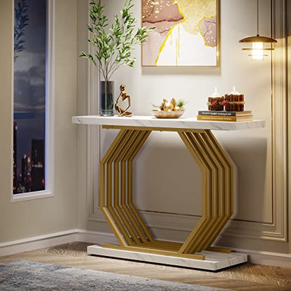 Tribesigns Gold Console Table, Faux Marble Entryway Table Narrow Sofa with Geometric Metal Base, 40 Inch Modern Accent Entrance for Living Room, Hallway, Foyer, White and Gold - color: White