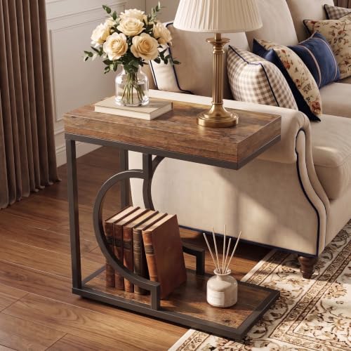 Tribesigns C Shaped Modern End Table for Coach with Metal Frame | Wood Grain, Small Side Table for Living Room, Nightstand for Bedroom, Rustic Brown&Black - color: Rustic Brown&black