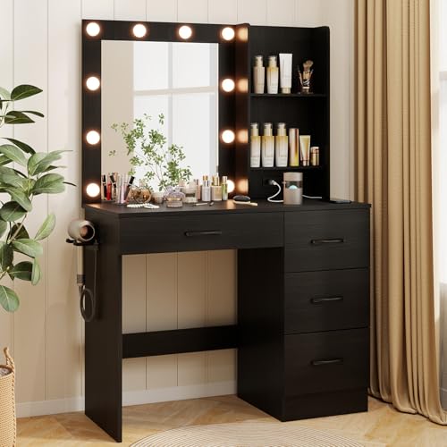 CHARMAID Vanity Desk with Mirror and Lights, Black Makeup Vanity Desk with 4 Large Drawers, 2 Storage Shelves, Charging Station, 3-Color Lights Adjustable, Modern Vanity Dressing Table for Bedroom - color: Black, size: 37"W (Table Only)