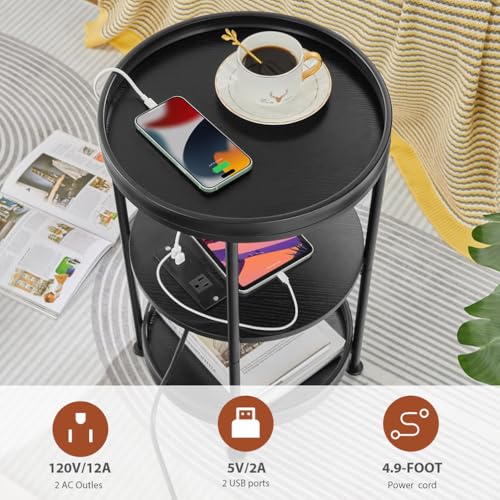 Dulcii Round Side Table with Charging Station, 24'' End Table with 3 Shelves for Living Room, Bedroom Nightstand with Steel Frame for Small Spaces, Industrial Round Sofa Table (USB+Black) - color: Black, style: With Outlets