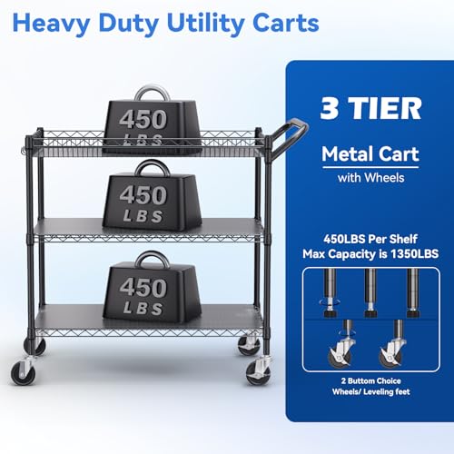 WDT 1350Lbs Capacity Heavy Duty Rolling Utility Cart, NSF Rolling Carts with Wheels,Commercial Grade Metal Cart with Handle Bar & Shelf Liner,Trolley Serving Cart for Restaurant,Kitchen,Black - color: Black 3 Tier Large