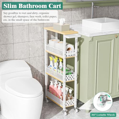 4-Tier Slim Rolling Storage Cart for Kitchen Bathroom Organizer, Mobile Narrow Storage Cabinet Utility Cart with Wood Rack on Wheels for Pantry Laundry Small Space, White - size: White/Net Bar