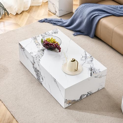 39" Rectangular Compact Coffee Table,Small Cube End Table,Modern Side Table with Stylish Faux Marble Pattern,Minimalist Accent Table for Living Room,Office,Apartment,Nightstand(White,39") - color: White,39"
