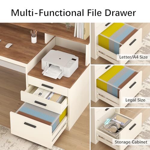 YOMILUVE 65 Inch Computer Desk with 3 Drawers & Storage Shelves, Executive Desk with File Drawer & Cabinet, Home Office Desk with Long Monitor Stand & Printer Shelf, Antique White - color: Antique White