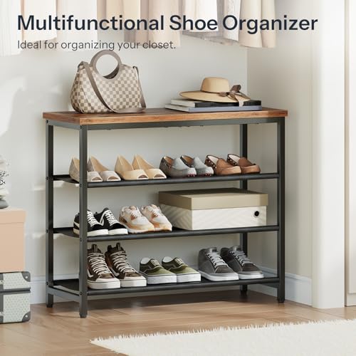HOOBRO Shoe Rack with 3 PU Shelves, 4-Tier Shoe Storage Organizer for Closet and Entryway, Holds 9-12 Pairs of Shoes, Sturdy Metal Frame, Small Spaces, Rustic Brown and Black BF94XJ01