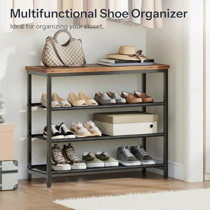 HOOBRO Shoe Rack with 3 PU Shelves, 4-Tier Shoe Storage Organizer for Closet and Entryway, Holds 9-12 Pairs of Shoes, Sturdy Metal Frame, Small Spaces, Rustic Brown and Black BF94XJ01