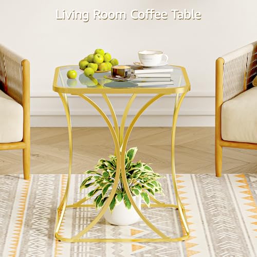 19.68" Square End Table with Tempered Glass Top, Stylish X-Shaped Metal Frame, Living Room Coffee Table, Sofa Side Table, Accent Tables for Small Spaces, Modern Bedside Table (Gold) - color: Gold, style: Style 2