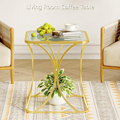 19.68" Square End Table with Tempered Glass Top, Stylish X-Shaped Metal Frame, Living Room Coffee Table, Sofa Side Table, Accent Tables for Small Spaces, Modern Bedside Table (Gold) - color: Gold, style: Style 2