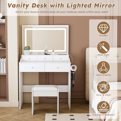 Vanity Desk with Large Mirror and Stool, Makeup Table with LED Lighted - 3 Color Models, Makeup Desk with 5 Drawers & Power Outlet & Hair-dryer Holder, Dressing Makeup Table for Home Apartment