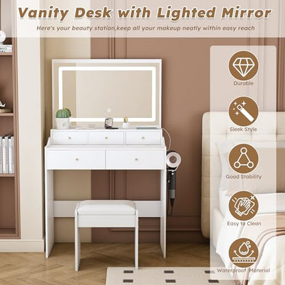 Vanity Desk with Large Mirror and Stool, Makeup Table with LED Lighted - 3 Color Models, Makeup Desk with 5 Drawers & Power Outlet & Hair-dryer Holder, Dressing Makeup Table for Home Apartment