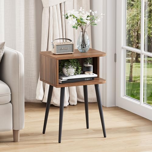 Nightstand Set of 2, Small Bed Side Table for Small Spaces, Mid Century Modern Nightstand End Table with Open Storage, Side Table for Bedroom Living Room, Walnut Brown MLBZ20R-2 - color: Walnut Brown