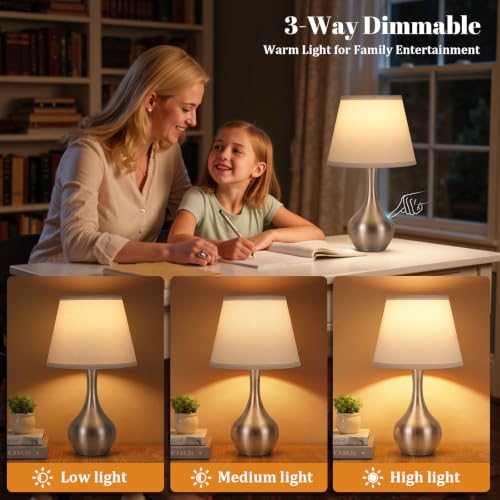 Seealle Touch Table Lamp for Bedroom, 3-Way Dimmable Small Bedside Lamps for Night Stands with Wires, Silver Desk Lamp for Kids Room, Office, Living Room, End Table(LED Bulb Included) - color: G. White Shade & Silver Base