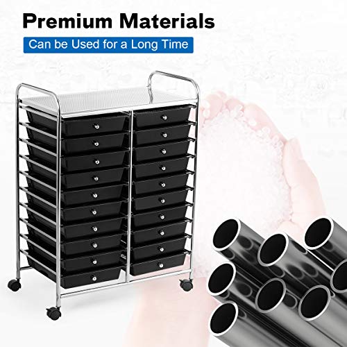 20-Drawer Rolling Storage Cart, Art Cart Organizer on Wheels, Metal Frame and Removable Drawers, Multipurpose Mobile Utility Cart for Classroom, Office, School, Home (Black)