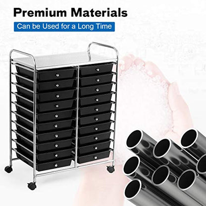 20-Drawer Rolling Storage Cart, Art Cart Organizer on Wheels, Metal Frame and Removable Drawers, Multipurpose Mobile Utility Cart for Classroom, Office, School, Home (Black)
