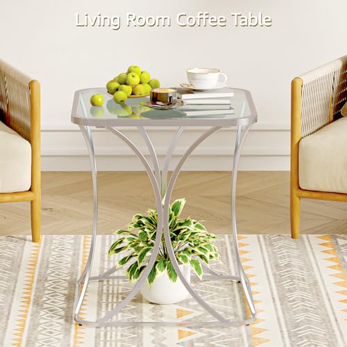 19.68" Square End Table with Tempered Glass Top, Stylish X-Shaped Metal Frame, Living Room Coffee Table, Sofa Side Table, Accent Tables for Small Spaces, Modern Bedside Table (Silver) - color: Silver, style: Style 2