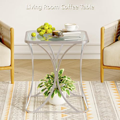 19.68" Square End Table with Tempered Glass Top, Stylish X-Shaped Metal Frame, Living Room Coffee Table, Sofa Side Table, Accent Tables for Small Spaces, Modern Bedside Table (Silver) - color: Silver, style: Style 2