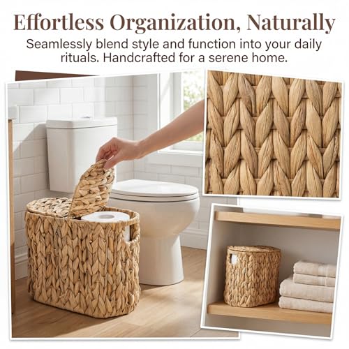 Toilet Paper Basket with Lid, Water Hyacinth 4 Rolls Toilet Paper Storage Basket, Narrow Slim Medium Paper Organizer for Bathroom