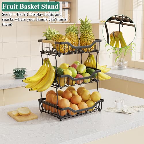 OKZEST 3-Tier Fruit Basket Fits Under Standard Upper Cabinet, 17.2" Tall | 2-In-1 Wall Mount & Countertop. Stackable Kitchen Organizer with Banana Hanger, Hold Potato, Onion, Bread, Snack, Can, Veggie - size: 3-Tier
