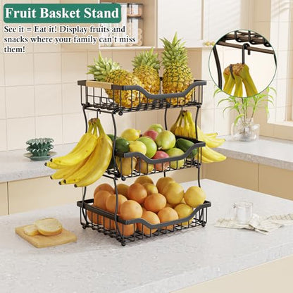 OKZEST 3-Tier Fruit Basket Fits Under Standard Upper Cabinet, 17.2" Tall | 2-In-1 Wall Mount & Countertop. Stackable Kitchen Organizer with Banana Hanger, Hold Potato, Onion, Bread, Snack, Can, Veggie - size: 3-Tier