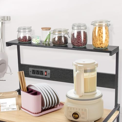 4-Tier Kitchen Baker's Rack with Power Outlet, Microwave Stand and Storage Shelves, Coffee Station Organizer (White Maple and Black) - color: White Maple+black