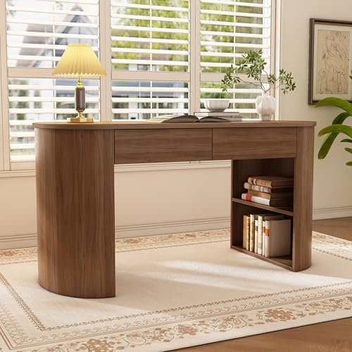 Modern MDF Office Desk with 2 Drawers & Open Shelves, Half-Cylinder Base Computer Table, Sleek Long-Lasting Workstation for Home Office, Study, or Bedroom, Stylish Storage Writing Desk, Dark Walnut