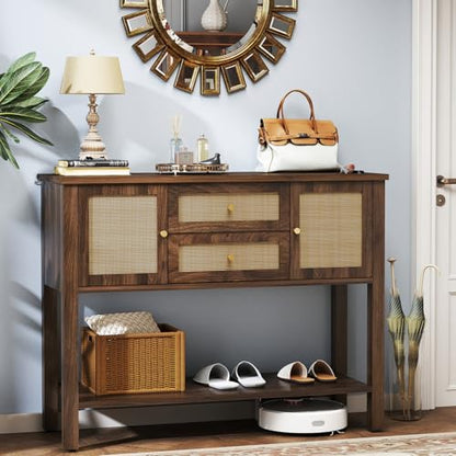 YOSHOOT Rattan Console Table with Storage, Entryway Table with 2 Doors & 2 Drawers, Farmhouse Coffee Bar for Kitchen, Living Room, and Entryway, Walnut - color: Walnut