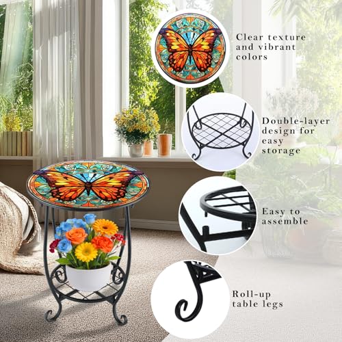 Cinnvoice Outdoor Side Table Round Small Mosaic Patio Accent Indoor End Plant Coffee Tea Table for Yard Patio Porch Garden Living Room, Bedroom(Butterfly B Style,12 Inch) - size: 12 Inch, style: Butterfly B Style