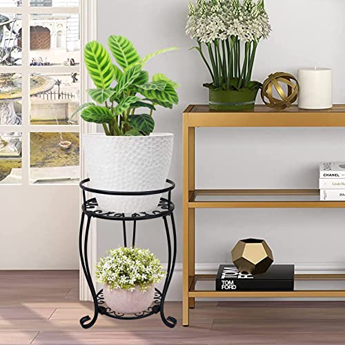 CASIMR 2-Pack Plant Stand, 2 Tier 19.2 inch Tall Metal Potted Holder Rack,Indoor Outdoor Multiple Flower Pot Shelf Rustproof Iron Garden Container for Garden Patio Living Room Corner Balcony, Black