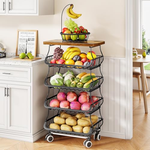 SAYZH 5-Tier Fruit and Vegetable Basket Stand for Kitchen, Wood Top, Black | Stackable Vegetable Storage Baskets with Wheel, Metal Wire Storage Carts for Onion, Potato and Snacks - color: Black, size: 5 Tiers