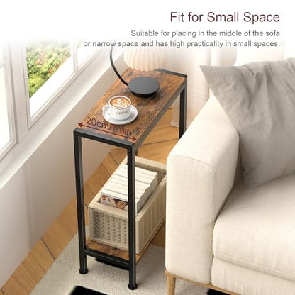 Narrow Side Table for Small Space, 2-Tier Slim End Table, Thin Nightstand, Skinny Snack Couch Table, Sofa Bedside Table in Living Room, Bedroom, Study, Kitchen and Balcony (Rustic Brown) - color: Rustic Brown, size: 2-Tier (7.9''D*17''W*22.8''H)