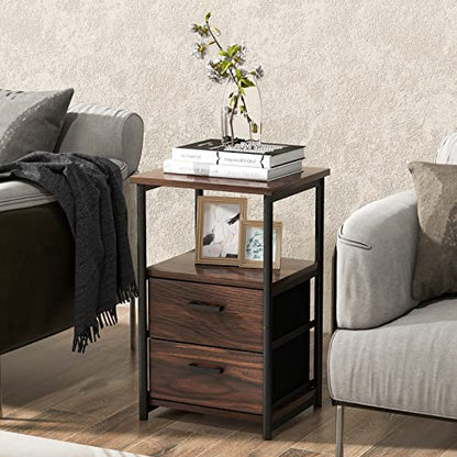 Tangkula Nightstand, Sofa Side End Table with Open Shelf & 2 Drawers, Metal Frame Bedside Table, Wooden Top 2 Drawer Dresser, Storage Unit for Bedroom, 13.5 x 12 x 23 Inch (2, Walnut)