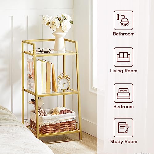 HOOBRO Gold Glass Shelf Stand, 3 Tier Standing Shelf Unit, Bathroom Organizer and Storage, Floor Storage Shelves Waterproof, for Bathroom, Laundry, Toilet, Tempered Glass, Gold GD77CJ01 - size: 15" L x 11.8" W x 30.3" H